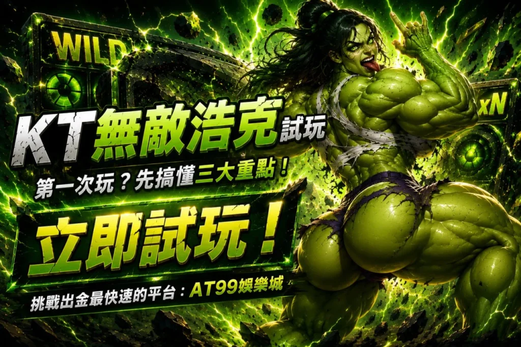 KT無敵浩克試玩宣傳圖，展示浩克變身與免費試玩電子老虎機特色