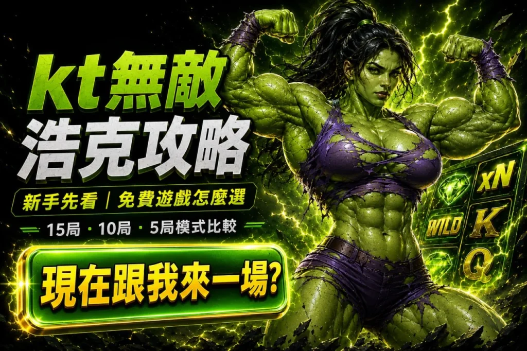 kt無敵浩克攻略宣傳圖，以綠色浩克主題角色為核心，搭配免費遊戲模式比較與新手入門玩法重點說明。