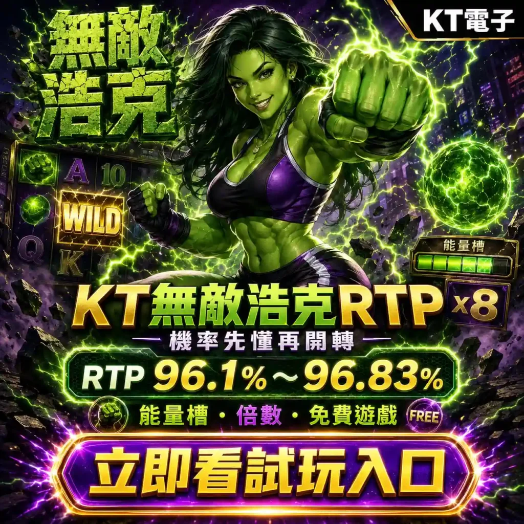 KT無敵浩克RTP攻略封面圖，整理RTP 96.1%至96.83%、能量槽、倍數與免費遊戲機制